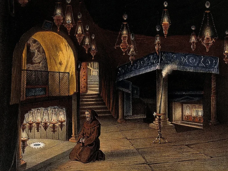 1816-Jules Gaildrau - Monaco in preghiera nella Cappella della Natività, Gerusalemme